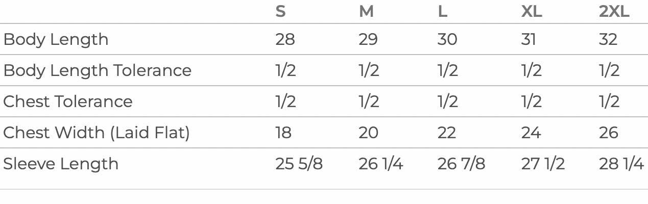Long Sleeve Size Chart
